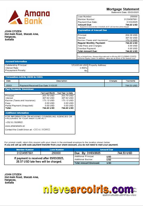 Somalia Amana bank mortgage statement